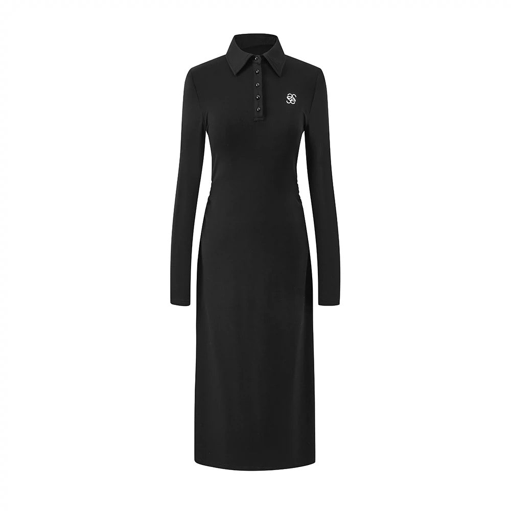SereneEase early autumn long POLO collar retro dress high-end two-color knitted long skirt for women