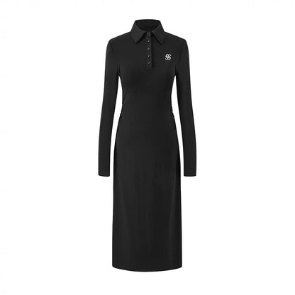 SereneEase early autumn long POLO collar retro dress high-end two-color knitted long skirt for women