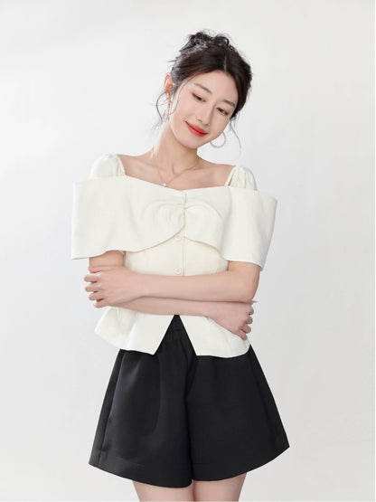 A roasted goose boy one-shoulder shirt women's lotus leaf waist top roasted goose family women's white French clothes