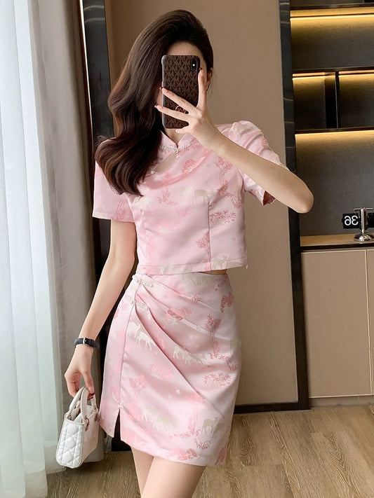 Two-piece dress for women summer new style high-end elegant temperament national style new Chinese style improved cheongsam suit skirt