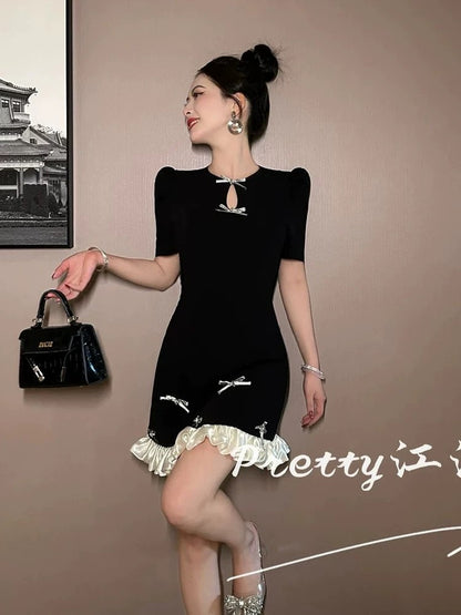 French-style heavy-duty bow design black dress, summer niche light luxury mature style slimming ruffled short skirt