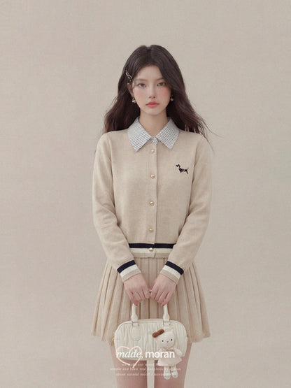 Korean style preppy two-piece top for women, 2025 autumn/winter knitted cardigan with striped shirt and pleated skirt set.