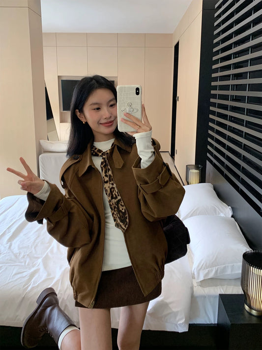 MULVAN Retro American Suede Jacket Top Women's Autumn and Winter 2024 New Loose Lapel Work Jacket