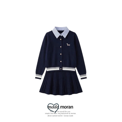Korean style preppy two-piece top for women, 2025 autumn/winter knitted cardigan with striped shirt and pleated skirt set.