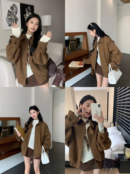 MULVAN Retro American Suede Jacket Top Women's Autumn and Winter 2024 New Loose Lapel Work Jacket