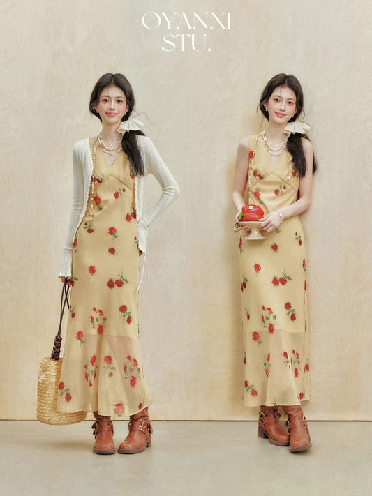 Ouyang Xi's "Yellow Mist Rose" spring French V-neck floral sleeveless long dress with elegant waist and slimming dress