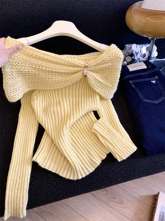 Jade Closet direct store recommendation ~ Medela sweet and spicy style design sense one-shoulder long-sleeved knitted blouse for women