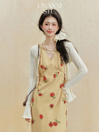Ouyang Xi's "Yellow Mist Rose" spring French V-neck floral sleeveless long dress with elegant waist and slimming dress