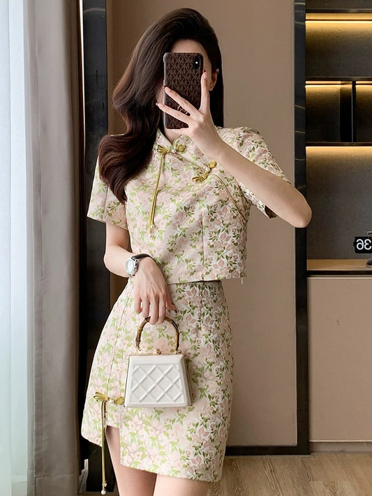 New Chinese style light national style improved cheongsam short-sleeved top and skirt suit for women summer new small two-piece set
