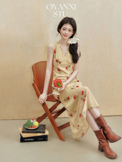Ouyang Xi's "Yellow Mist Rose" spring French V-neck floral sleeveless long dress with elegant waist and slimming dress