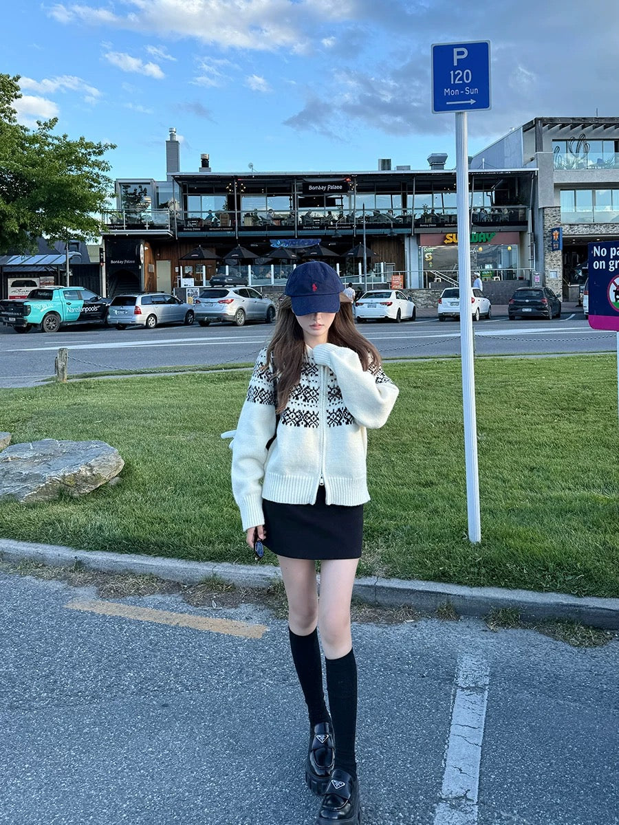 Ashy Snow Nordic Island Retro Jacquard Nordic Fair Island hooded sweater women's knitted cardigan jacket