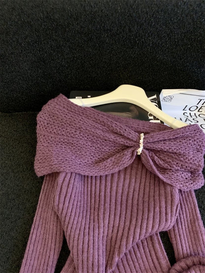 Jade Closet direct store recommendation ~ Medela sweet and spicy style design sense one-shoulder long-sleeved knitted blouse for women