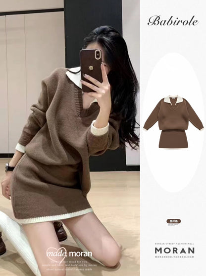 Korean chic winter outfit: color-blocked knit sweater top and pencil skirt two-piece set in a inspired style.