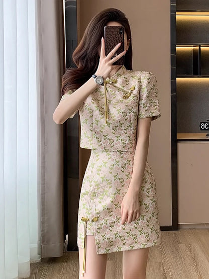 New Chinese style light national style improved cheongsam short-sleeved top and skirt suit for women summer new small two-piece set