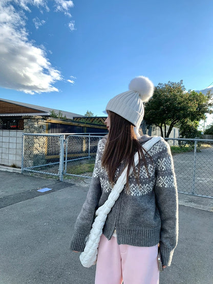 Ashy Snow Nordic Island Retro Jacquard Nordic Fair Island hooded sweater women's knitted cardigan jacket