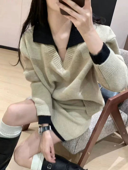 Korean chic winter outfit: color-blocked knit sweater top and pencil skirt two-piece set in a inspired style.