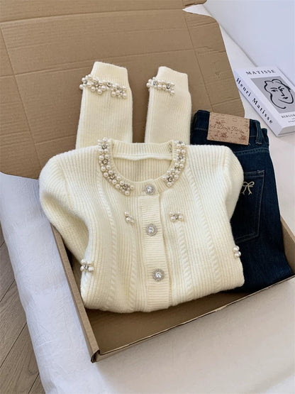 Jade Closet direct store recommendation ~ French sweet style beaded design knitted cardigan sweater jacket for women