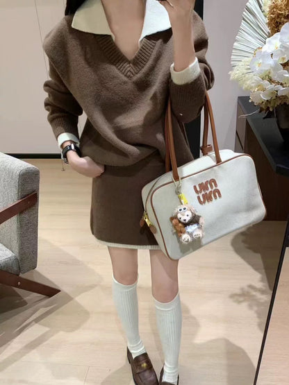 Korean chic winter outfit: color-blocked knit sweater top and pencil skirt two-piece set in a inspired style.