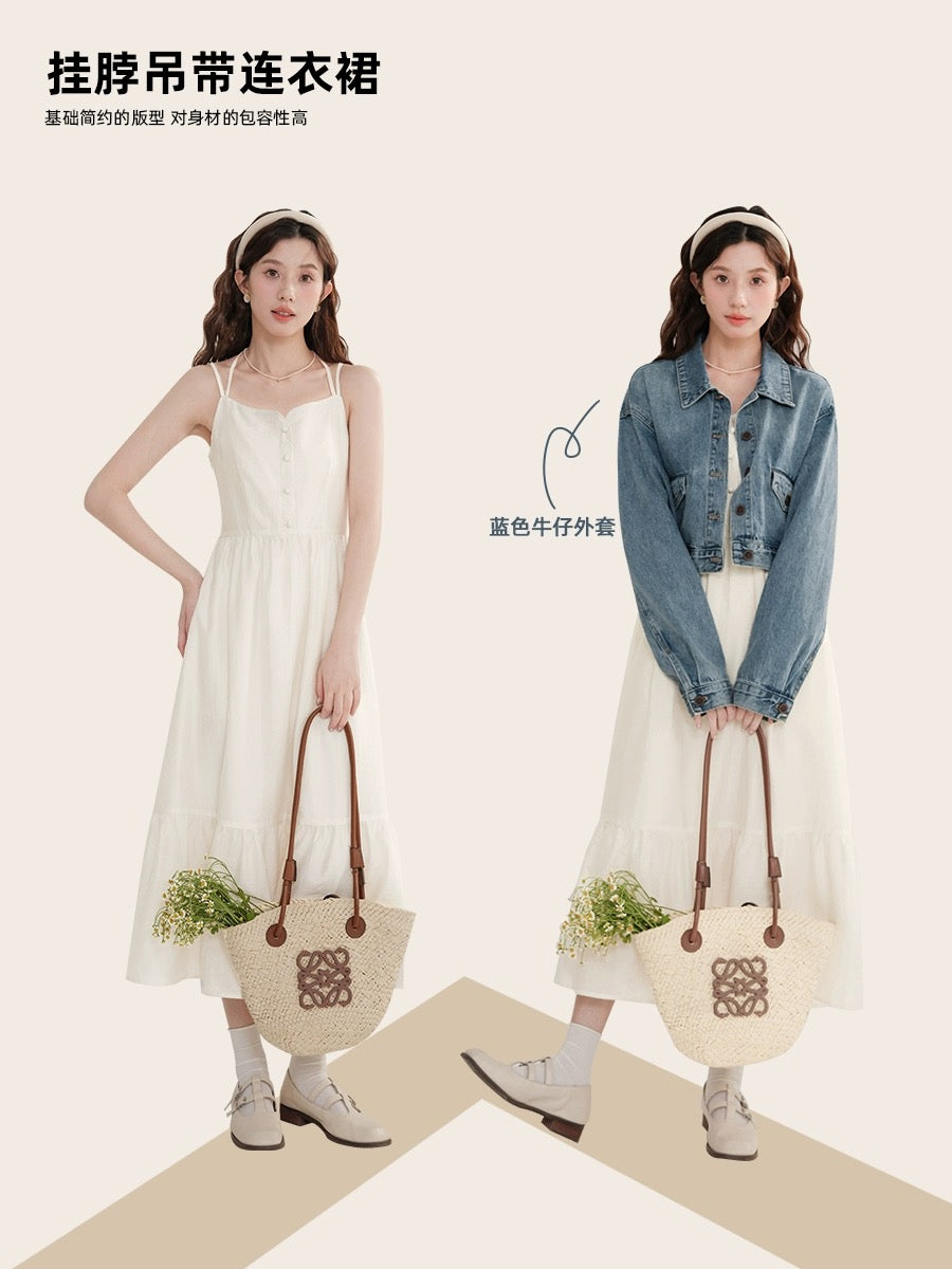 Muyiyi white halterneck suspender dress for women 2024 new early spring French style small waist small white skirt