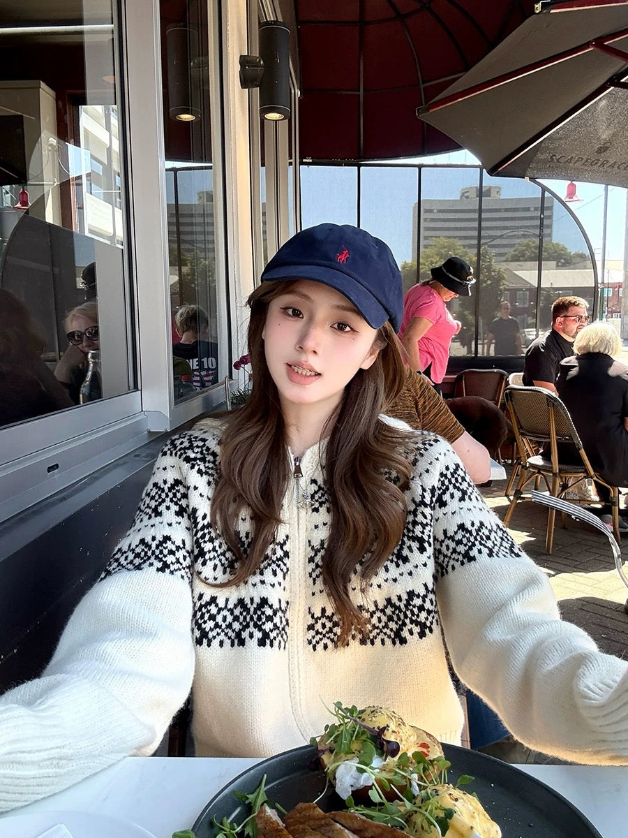 Ashy Snow Nordic Island Retro Jacquard Nordic Fair Island hooded sweater women's knitted cardigan jacket