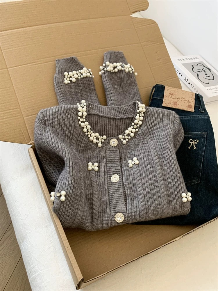Jade Closet direct store recommendation ~ French sweet style beaded design knitted cardigan sweater jacket for women
