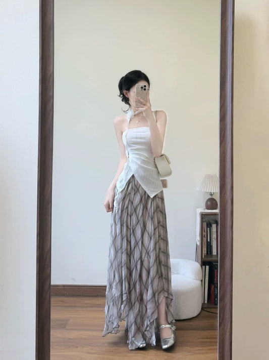 Unique and beautiful summer suit pure desire sweet spicy halter neck tube top irregular vest upper body long skirt two-piece suit for women