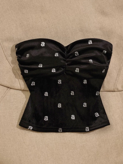 French black chic tube top irregular camisole for women with hot diamonds, beautiful back and slimming hot girl bottoming sleeveless top