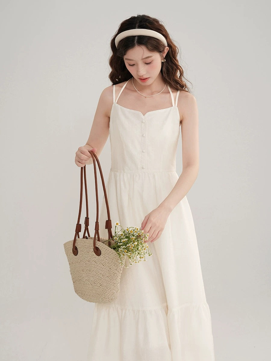 Muyiyi white halterneck suspender dress for women 2024 new early spring French style small waist small white skirt