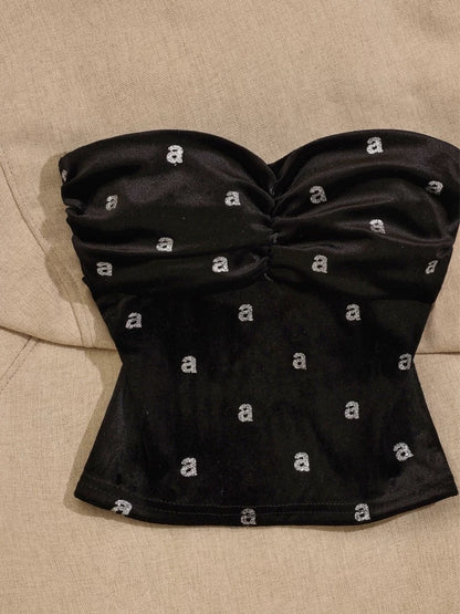 French black chic tube top irregular camisole for women with hot diamonds, beautiful back and slimming hot girl bottoming sleeveless top