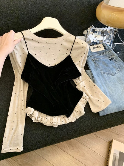 Jade Closet direct store recommendation ~ Medela sweet and spicy velvet camisole polka dot T-shirt two-piece set