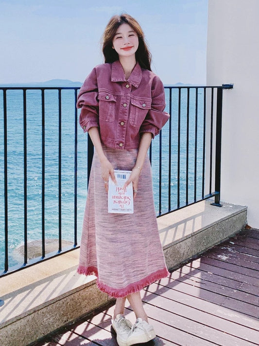 Korean style complete set of denim jacket suspender skirt suit for women autumn 2024 new knitted dress two-piece set