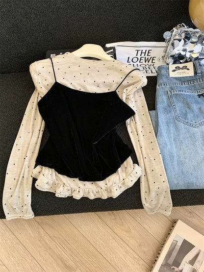 Jade Closet direct store recommendation ~ Medela sweet and spicy velvet camisole polka dot T-shirt two-piece set