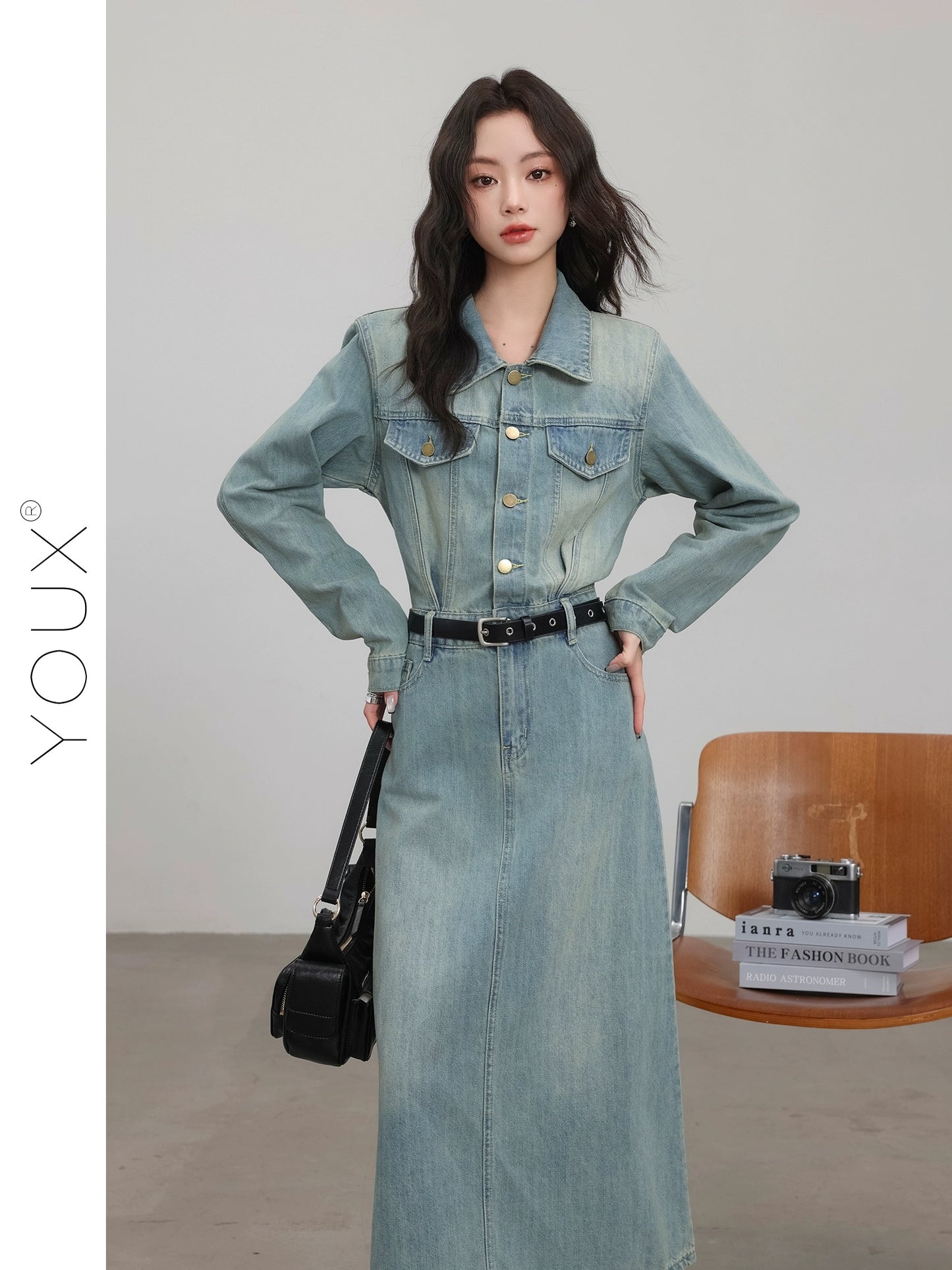 YOUX [Selling Retro] Denim Dress Women's 2024 Spring New Retro Style Polo Neck A-Line Long Skirt
