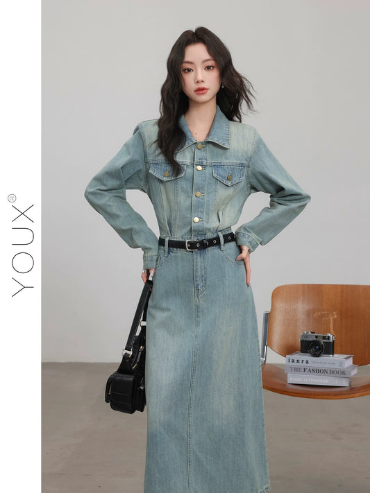 YOUX [Selling Retro] Denim Dress Women's 2024 Spring New Retro Style Polo Neck A-Line Long Skirt