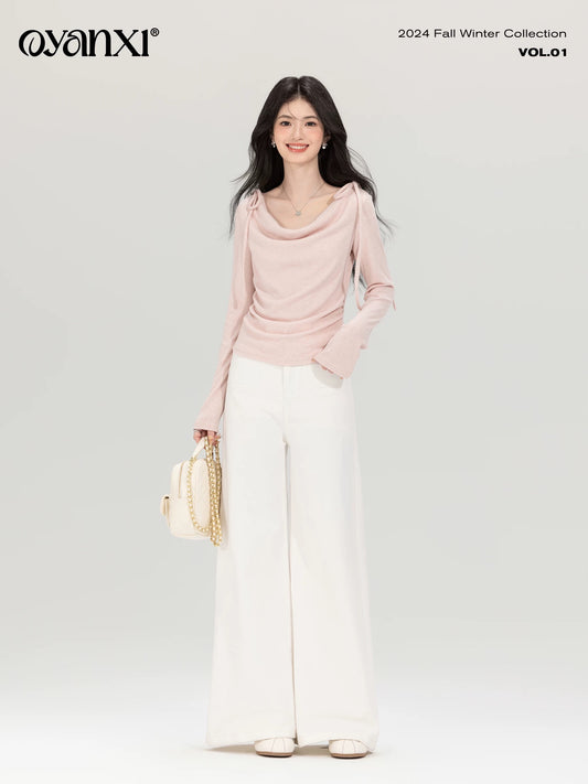 Ouyang Xi's "Dick Denim" Retro White Wide Leg Pants Women's Autumn Fashion Commuting Loose Jeans Suit