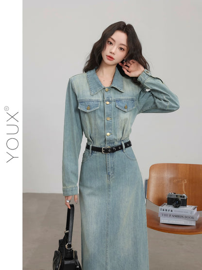 YOUX [Selling Retro] Denim Dress Women's 2024 Spring New Retro Style Polo Neck A-Line Long Skirt
