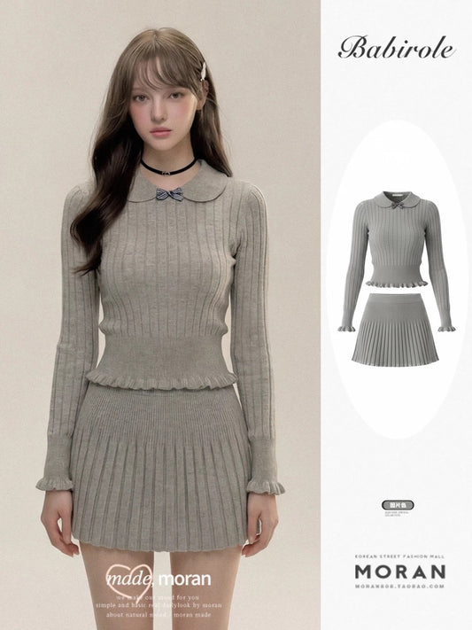 French-style gray knitted skirt suit for women, autumn and winter 2025 new style, super beautiful pleated short skirt suit