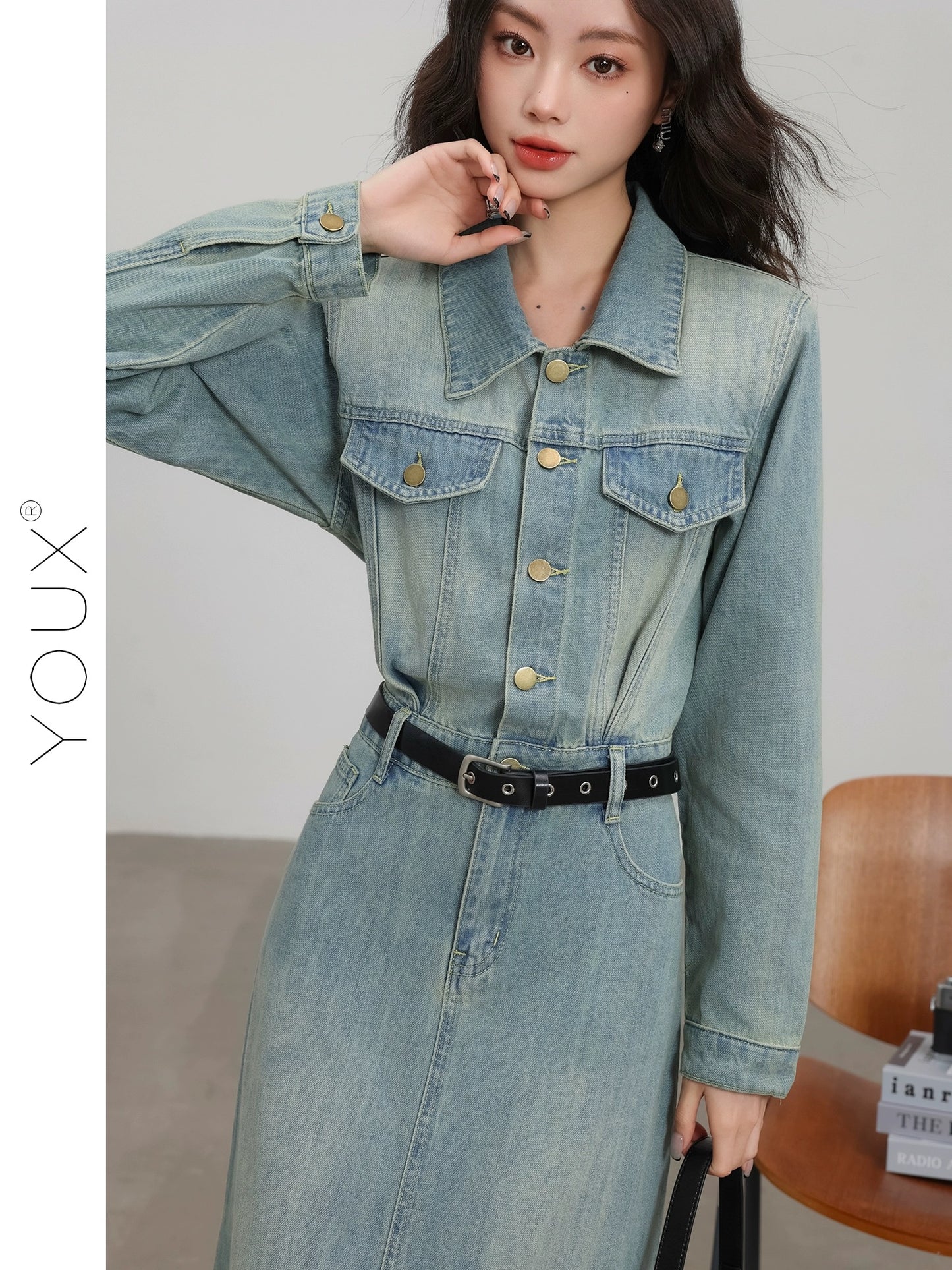 YOUX [Selling Retro] Denim Dress Women's 2024 Spring New Retro Style Polo Neck A-Line Long Skirt
