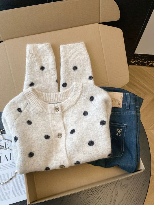 Jade Closet direct store recommendation ~ High-end French sweet style polka dot knitted cardigan sweater jacket for women