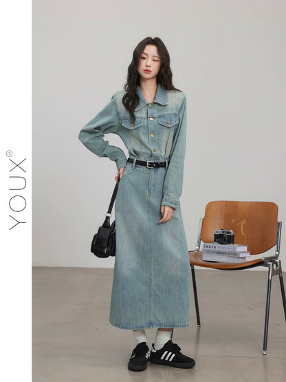 YOUX [Selling Retro] Denim Dress Women's 2024 Spring New Retro Style Polo Neck A-Line Long Skirt