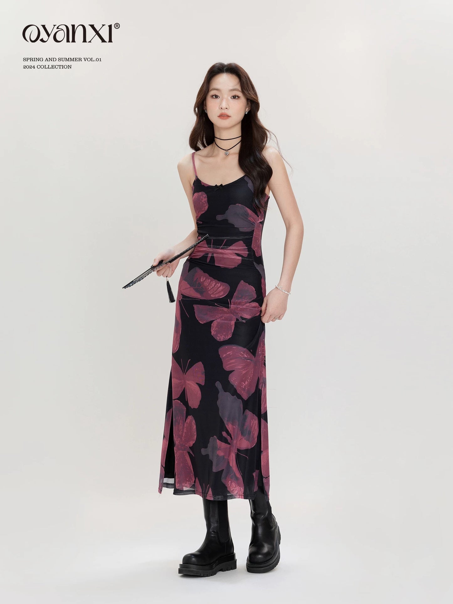 Ouyang Xi's "Dancing" retro contrasting color butterfly print long dress spring versatile slimming dress