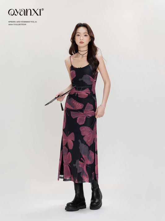 Ouyang Xi's "Dancing" retro contrasting color butterfly print long dress spring versatile slimming dress