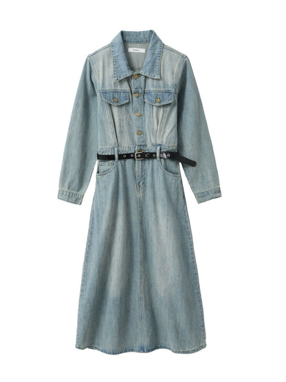 YOUX [Selling Retro] Denim Dress Women's 2024 Spring New Retro Style Polo Neck A-Line Long Skirt