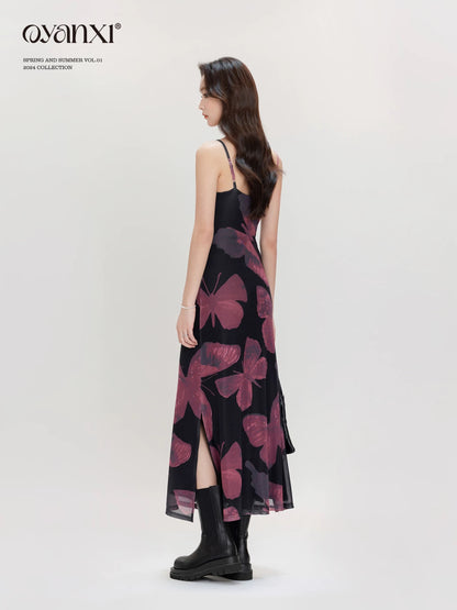 Ouyang Xi's "Dancing" retro contrasting color butterfly print long dress spring versatile slimming dress