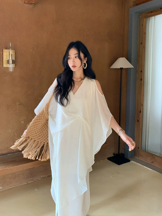 Ren Xiaoyi French V-neck off-the-shoulder dress women's new summer design niche loose two-wear cape long skirt