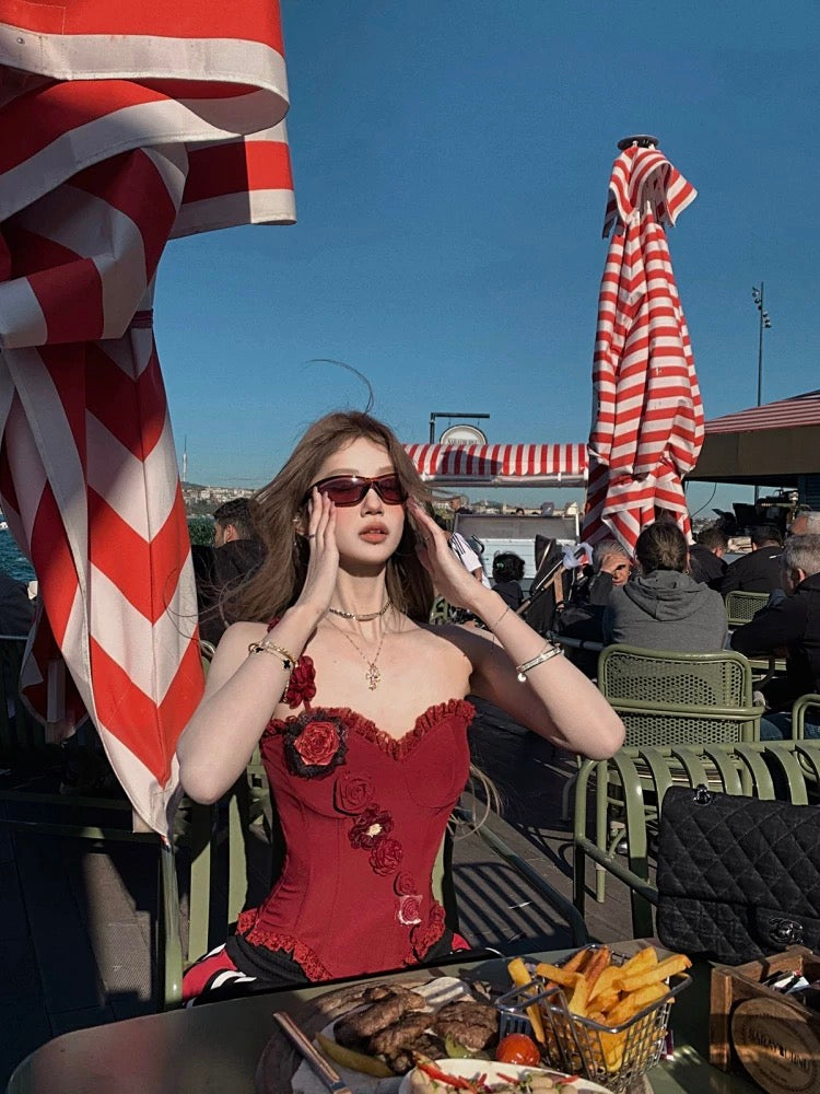Tongiiuu's Private Collection Rose Heavy-Duty Lace Fishbone Waist-Cinching Strapless Top with Bra Pads for Summer