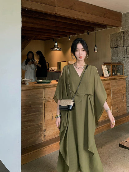 Ren Xiaoyi French V-neck off-the-shoulder dress women's new summer design niche loose two-wear cape long skirt