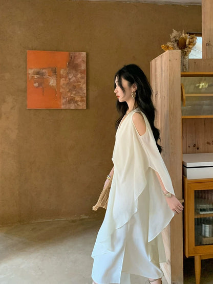 Ren Xiaoyi French V-neck off-the-shoulder dress women's new summer design niche loose two-wear cape long skirt