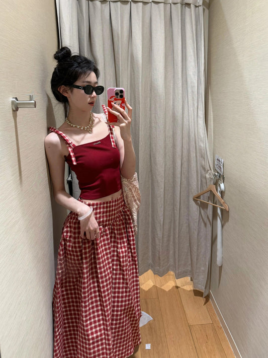 AngelaStudio French retro red plaid camisole top women's tops slim fit sweet and spicy style holiday short style