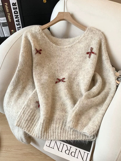 Jade Closet direct store recommendation ~ Relaxed lazy style thick bow-decorated pullover knitted sweater